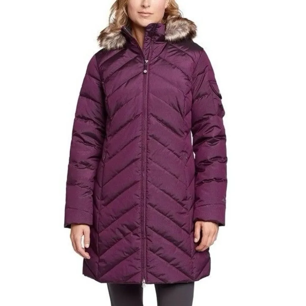 Eddie Bauer Women's Crystal Ridge Goose Down Parka Quilted Faux Fur Fuchsia XS